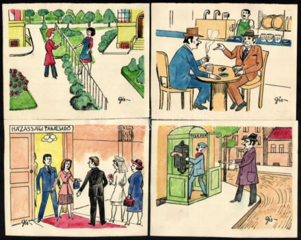 Szegő Gizi (Gis): Ludas Matyiban megjelent grafikák, karikatúrák vázlatai. 10 db. Vegyes technika, papír, összes jelzett. Mindegyik hátoldalán 'Ludas Matyi Szerkesztősége' vagy 'Ludas Magazin' bélyegzővel. max: 14x21cm