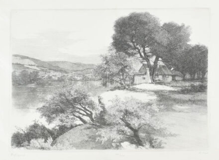 Olvashatatlan jelzéssel: Folyópart. Rézkarc, papír, számozott (100/100), 29×39 cm