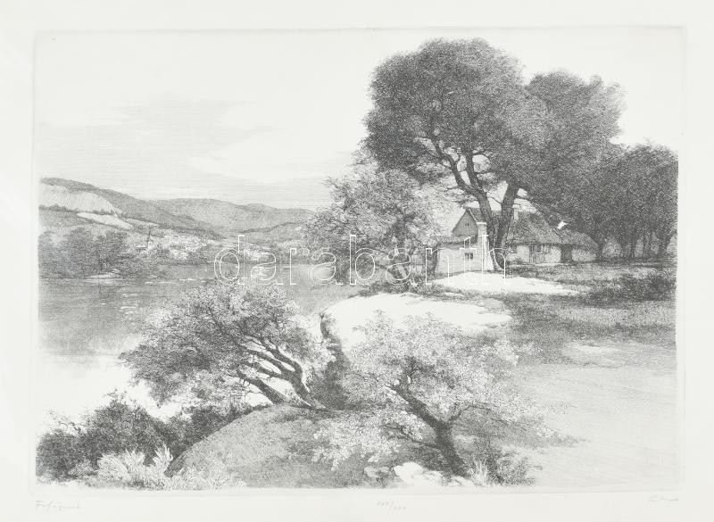 Olvashatatlan jelzéssel: Folyópart. Rézkarc, papír, számozott (100/100), 29×39 cm