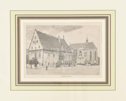 Morelli Gusztáv (1848-1909): A bártfai városház, 1900 körül. Rotációs fametszet, papír, jelzett a metszeten. Kissé foltos. Paszpartuban. 12,5x19,5 cm