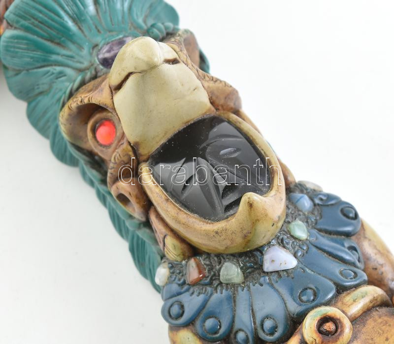 Azték szakrális obszidián balta, tomahawk, obszidián ls egyéb féldrágakövekkel díszítve. Sérüléssel 27 cm - Image 2