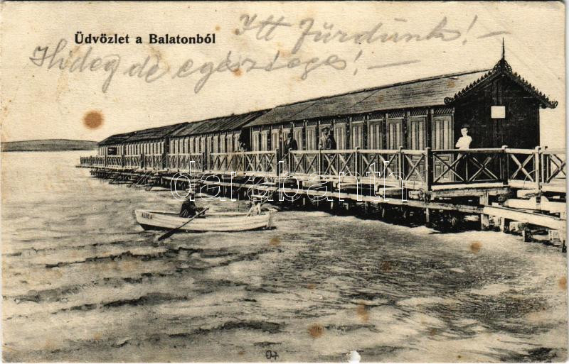 1907 Balatonaliga (Balatonvilágos), Fürdőház, csónak 'Aliga' felirattal (b)