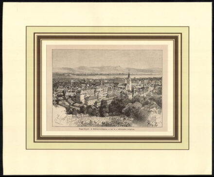 Háry Gyula (1864-1946) után, Morelli Gusztáv (1848-1909): Nagy-Enyed (Nagyenyed), a Bethlen-kollégium, a vár és a református templom, 1890-es évek. Rotációs fametszet, papír, jelzett a metszeten. Paszpartuban. 13x18 cm