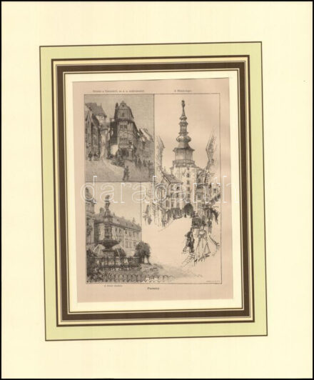 Morelli Gusztáv (1848-1909): Pozsony, részlet a Vártelekről, az ú. n. zsidóvárosból, a Mihály-kapu, a főtéri díszkút. Rotációs fametszet, papír, jelzett a metszeten. Paszpartuban. 17,5x12,5 cm