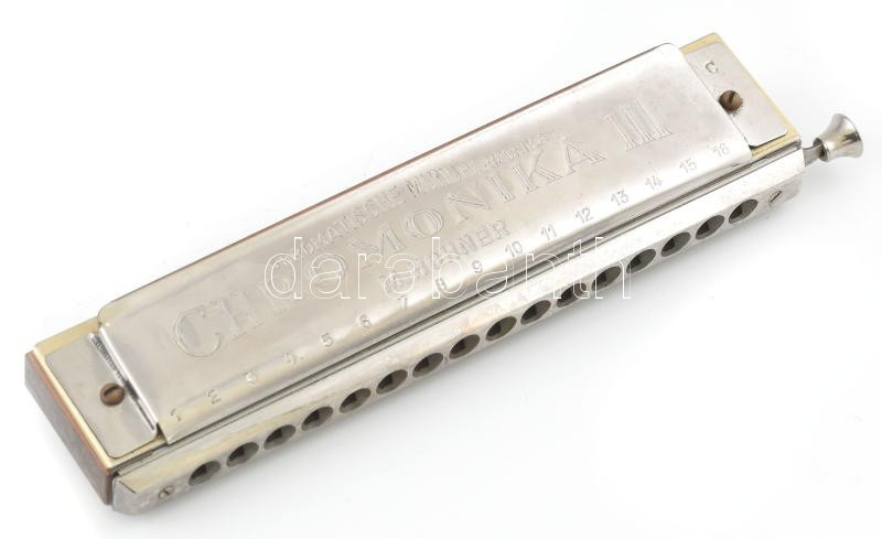 M. Hohner Chromonika III. 1937. szájharmonika. Fa tokjában18 cm