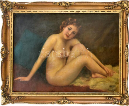Szöllősy János (1884 -?): Női akt. Olaj, vászon, jelezve balra lent. Dekoratív, üvegezett, sérült fakeretben. 60x80 cm