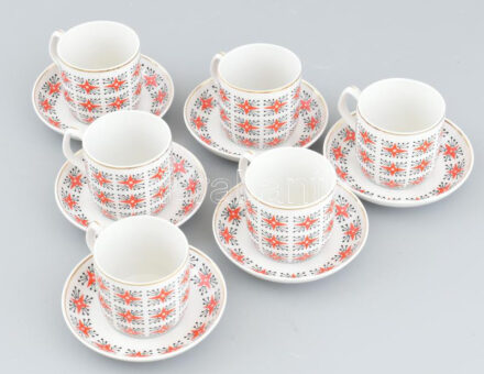 Hollóházi retro porcelán mokkás csészék aljjal 6+6 db. Matricás, jelzett, minimális kopással