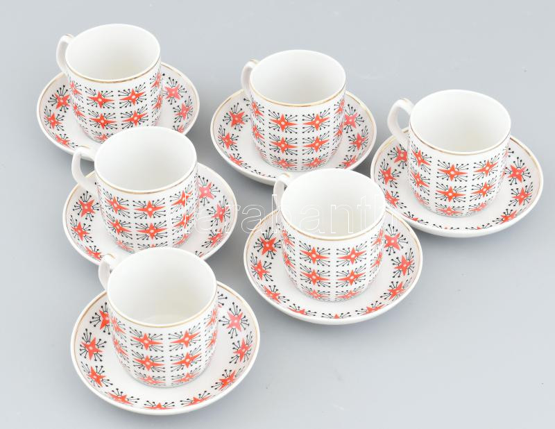 Hollóházi retro porcelán mokkás csészék aljjal 6+6 db. Matricás, jelzett, minimális kopással
