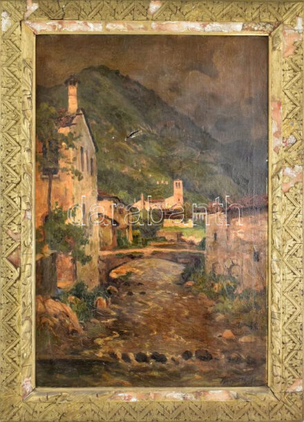 Kárpáthy Jenő (1870-1950): Itáliai kisváros. Olaj, vászon, jelzett. Sérült. Korabeli, sérült fakeretben. 90x60 cm. KIZÁRÓLAG SZEMÉLYES ÁTVÉTEL, NEM POSTÁZZUK!/ Jenő Kárpáthy (1870-1950): Italian town. Oil on canvas, signed.