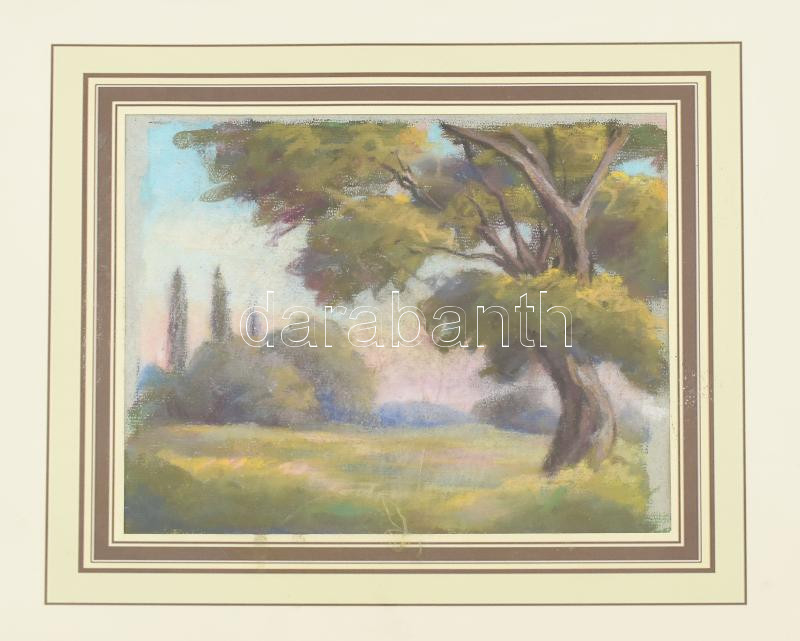 Bertalan Rózsa (1900-1987): Napfényes táj, 1933. Pasztell, papír, jelzés nélkül, jobbra lent autográf datálással, paszpartu által kissé takarva, 19x23,5 cm