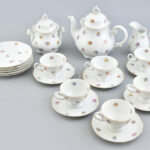 Thomas Bavaria porcelán teás készlet, kanna teteje javított + 5 db süteményes tányér, matricás, jelzett, hibátlan