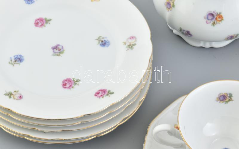 Thomas Bavaria porcelán teás készlet, kanna teteje javított + 5 db süteményes tányér, matricás, jelzett, hibátlan - Image 3