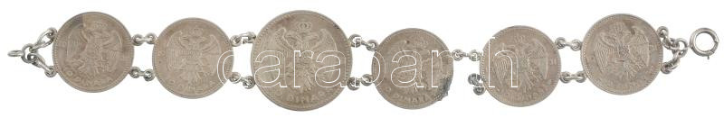Jugoszlávia 1931. 10D Ag 'I. Sándor' (5x) + 20D Ag 'I. Sándor' fülekkel karkötővé alakítva T:2-,3 Yugoslavia 1931. 10 Dinara Ag 'Alexander I.' (5x) + 20 Dinara Ag 'Alexander I.' refurbished to bracelet C:VF,F