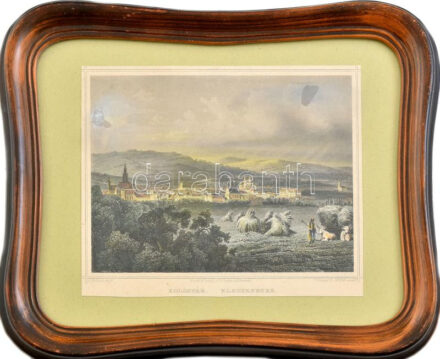 Ludwig Rohbock (1820-1883) - J. M. Kolb: Kolozsvár látképe. Színezett acélmetszet, papír, jelzett a metszeten, üvegezett keretben, 11,5x16 cm./ Ludwig Rohbock (1820-1883) - J. M. Kolb: Panorama of Kolozsvár (Cluj-Napoca/Klausenburg),