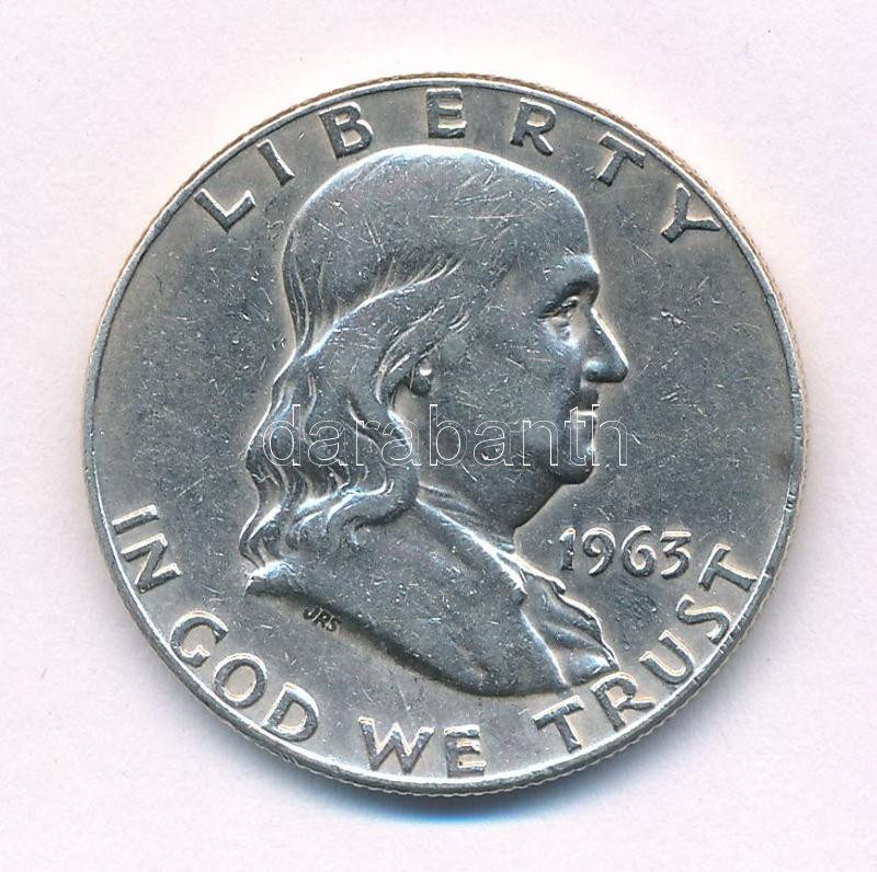 Amerikai Egyesült Államok 1963D 1/2$ Ag 'Franklin' T:2,2- kis ph, kis ü. USA 1963D 1/2 Dollar Ag 'Franklin' C:XF,VF small edge error, small ding Krause KM#199
