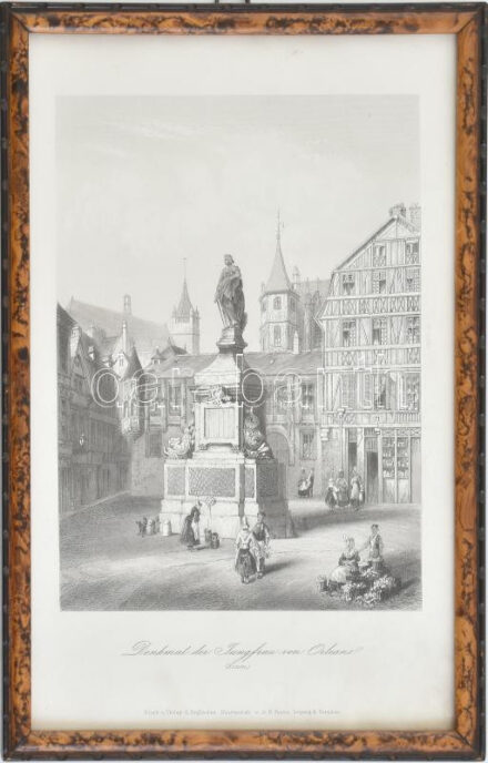 Denkmal der Jungfrau von Orleans (Jeanne d'Arc, az orléans-i szűz emlékműve, Rouen). Acélmetszet, papír, jelzés nélkül. Albert Henry Payne nyomása és kiadása. Üvegezett fakeretben. 20x14,5 cm