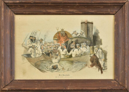 Fritz Ferdinand Gehrke (1855-1916): Matróz beavatás (Der Taufakt). Színes rotációs fametszet, papír, jelzett a metszeten, üvegezett fakeretben, 17×23 cm