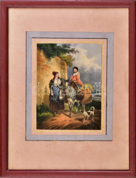 Anya és lánya hazafelé. Színezett litográfia, papír, jelzés nélkül. Üvegezett fakeretben, 19,5×15 cm