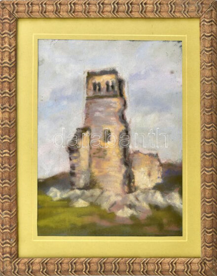 Bertalan Rózsa (1900-1987): Alsódörgicsei várrom, 1933. Pasztell, papír, jelzés nélkül, balra lent autográf felirattal és datálással, 28,5x21,5 cm, üvegezett fakeretben