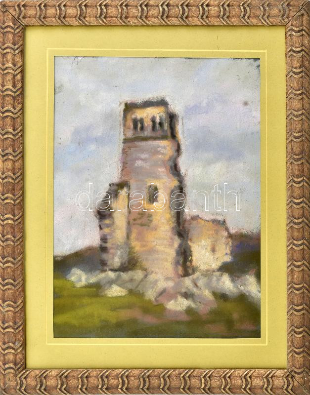 Bertalan Rózsa (1900-1987): Alsódörgicsei várrom, 1933. Pasztell, papír, jelzés nélkül, balra lent autográf felirattal és datálással, 28,5x21,5 cm, üvegezett fakeretben