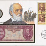 1994. 'Kossuth Lajos halálának 100. évfordulója' érmés és bankjegyes pecsételt boríték 1947. 5Ft Ag érmével és 1992. 100Ft-os bankjeggyel illetve egyenként 19Ft névértékű négyestömbű bélyeggel a PHILSWISS kiadásában, német