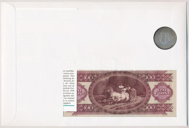 1994. 'Kossuth Lajos halálának 100. évfordulója' érmés és bankjegyes pecsételt boríték 1947. 5Ft Ag érmével és 1992. 100Ft-os bankjeggyel illetve egyenként 19Ft névértékű négyestömbű bélyeggel a PHILSWISS kiadásában, német - Image 2