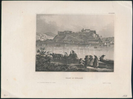Esztergom (Gran in Ungarn), 1850 körül. Acélmetszet, papír, paszpartuban, jelzés nélkül. 13,5x16,5 cm.