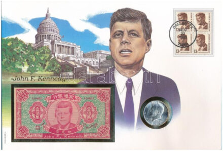 Amerikai Egyesült Államok 'John F. Kennedy' érmés és bankjegyes felbélyegzett boríték, bélyegzéssel, német leírással, benne 1968. 1/2$ Ag 'Kennedy' érmével és 1.000.000 égetési pénzzel (Hell banknote) T:1,I- patina USA 'John F.