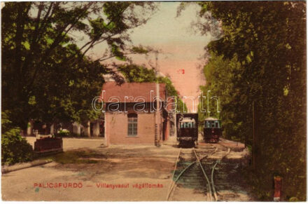 Palicsfürdő, Palics, Palic; villanyvasút végállomás, villamos. Vig Zsigmond Sándor kiadása / terminal station with trams (EK)