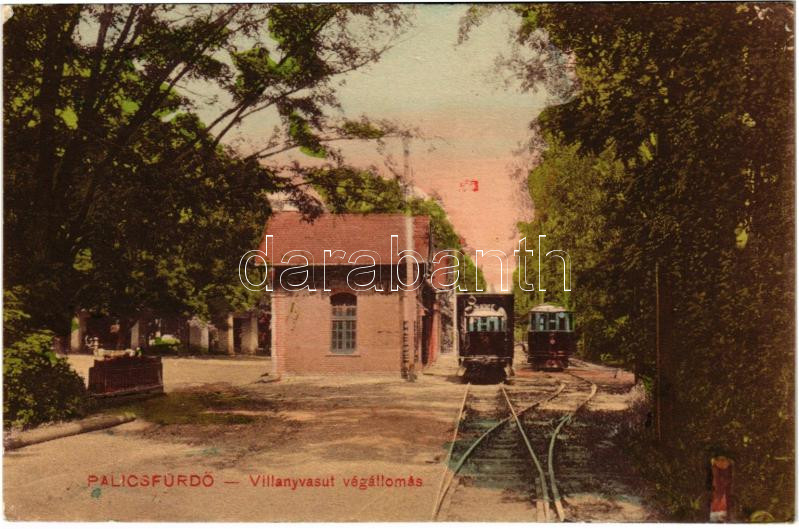 Palicsfürdő, Palics, Palic; villanyvasút végállomás, villamos. Vig Zsigmond Sándor kiadása / terminal station with trams (EK)