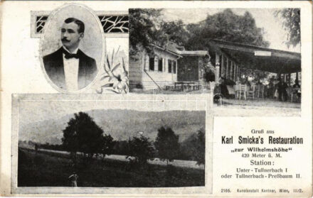 1905 Tullnerbach, Gruß aus Karl Smicka's Restauration 'zur Wilhelmshöhe' / restaurant, inn. Art Nouveau