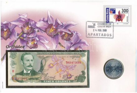 Costa Rica érmés és bankjegyes felbélyegzett boríték bélyegzéssel, benne 1975. 20C Ni 'A központi bank 25. évfordulója' + 1989. 5C T:1,I Costa Rica coin and banknote envelope with stamp and cancellation, in it 1975. 20 Colones Ni '25th