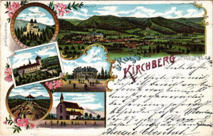 1900 Kirchberg am Wechsel, Wartenstein, Kranichberg, Schule, Aussichts-Gloriette a. d. Wolfenkogel, St. Corona / castle, church, school, lookout tower. Rudolf Oesterreicher Art Nouveau, floral, litho (EK)
