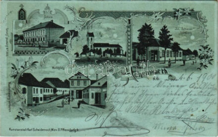 1900 Hohenwarth, Hohenwarth-Mühlbach am Manhartsberg; Schule, Kirche, Marktplatz, Joh. Schreiner's Handlung / school, church, market square, shop. Kunstanstalt Karl Schwidernoch Art Nouveau, floral, Emb. litho (fl)