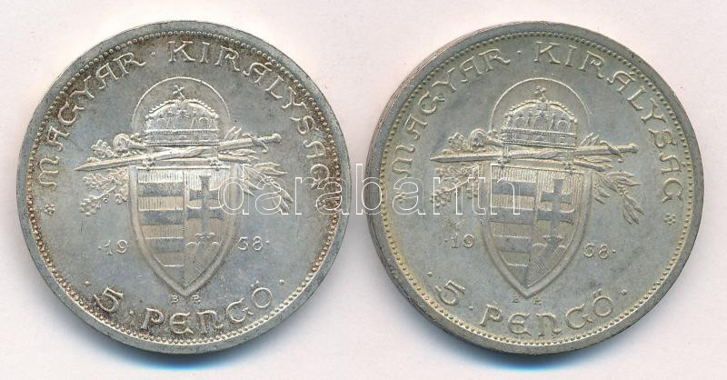 1938. 5P Ag 'Szent István' (2x) T:1-,2 patina Adamo P8.1 - Image 2