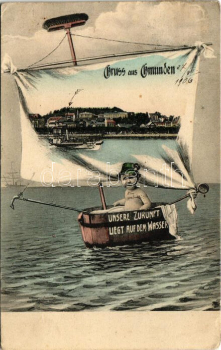 1906 Gmunden, Gruss aus Gmunden... 'Unsere Zukunft liegt auf dem Wasser' Montage with child in boat (EK)