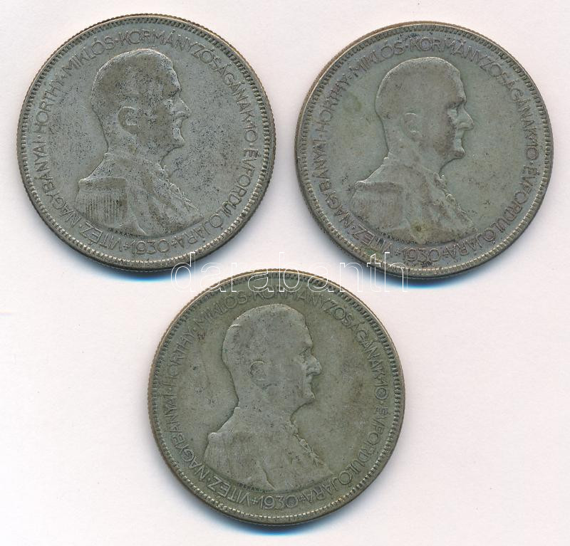 1930. 5P Ag 'Horthy jobbra' (3x) T:2-,3 patina Adamo P8