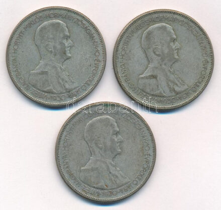 1930. 5P Ag 'Horthy jobbra' (3x) T:2-,3 patina Adamo P8