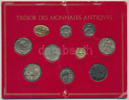 10xklf antik érme múzeumi replikája, hátoldalán az adott érme ismertetése, sérült karton díszlapon T:1