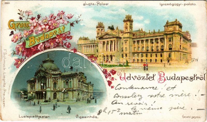 1898 (Vorläufer) Budapest, Igazságügyi Palota, Vígszínház. F. Schmuck 393. Art Nouveau, floral, litho (EK)