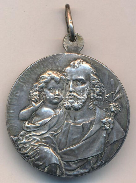 ~1900. 'Szt. József / Patrona Hungariae' ezüstözött fém vallási érem (32mm) T:1- patina