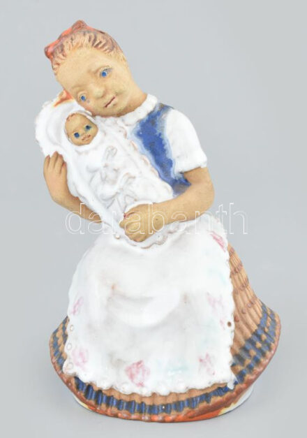 Mészáros Géza (1918-1987): Anya gyermekével. Mázas kerámia. Kézzel festett, jelzett, apró kopással, . M: 16 cm