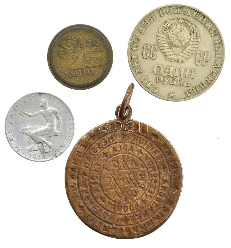 Vegyes: 1946. 50f Al + ~1970-1980. 'Telefonérme / Magyar Posta (Tantusz)' sárgaréz telefonérme + Szovjetunió 1970. 1R Cu-Ni 'Lenin születésének 100. évfordulója' + DN Öntött bronz vallási medál Jézus klf nyelvű megnevezéseivel