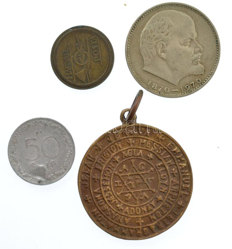 Vegyes: 1946. 50f Al + ~1970-1980. 'Telefonérme / Magyar Posta (Tantusz)' sárgaréz telefonérme + Szovjetunió 1970. 1R Cu-Ni 'Lenin születésének 100. évfordulója' + DN Öntött bronz vallási medál Jézus klf nyelvű megnevezéseivel - Image 2