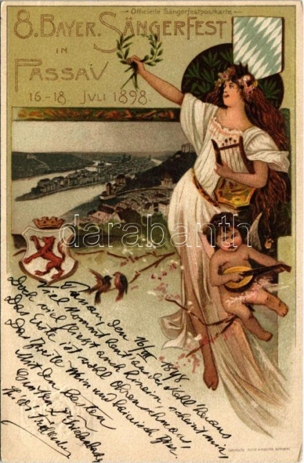 1898 (Vorläufer) 8. Bayer. Sängerfest in Passau 16-18. Juli 1898. Officielle Sängerfestpostkarte / 8th Bavarian singing festival. Ritter & Kloeden Art Nouveau, floral litho