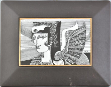 Hollóházi Szász Endre által tervezett porcelán kép, matricás, hibátlan, kissé sérült bőr keretben, Kép mérete 18x12 cm