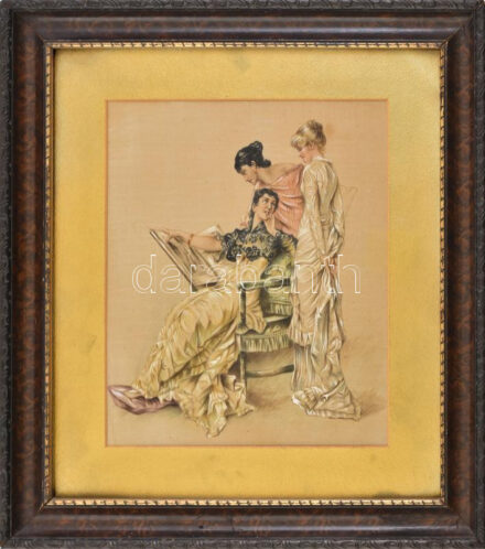 Jelzés nélkül, 1900 körül: A három grácia. Akvarell, selyem. Dekoratív, üvegezett fakeretben, 27,5×22,5 cm