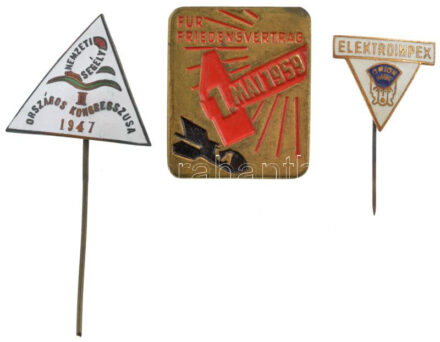 1947. 'Nemzeti Segély I. Országos Kongresszusa 1947' zománcozott bronz jelvény + NDK(?) 1959. 'Für Friedensvertrag (A békeszerződésért) - 1. Mai 1959' részben festett bronz jelvény + ~1960. 'Elektroimpex - Orion' zománcozott fém