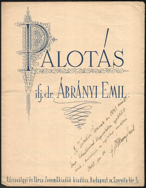Ábrányi Emil (1882-1970) zeneszerző, karmester dedikált palotás kottája
