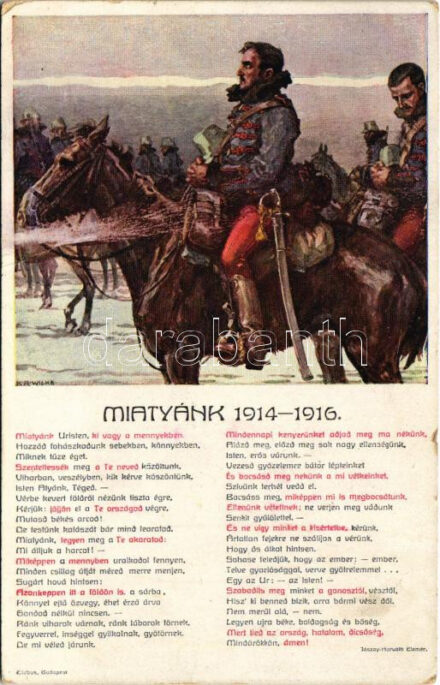 'Miatyánk' Kiadja a Katonatiszti özvegyek és leányárvák Erzsébet otthona. Huszárok / WWI Austro-Hungarian K.u.K. military art postcard, hussars praying s: K. A. Wilke (fa)